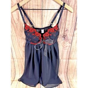 VICTORIA'S SECRET Nightie Lingerie Negligee Black Embroidered Bra Sheer Size 36